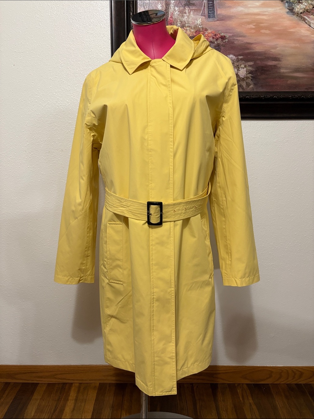 Lands' End Hooded Waterproof Long Lined Raincoat Women's XL Yellow Belt Trench